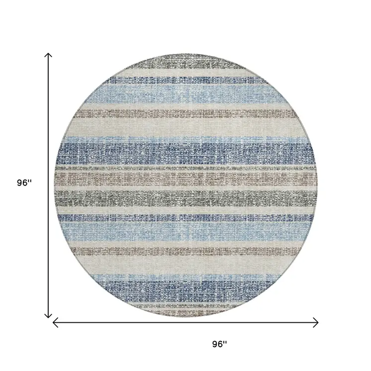 8' Navy Blue And Beige Round Striped Washable Indoor Outdoor Area Rug
