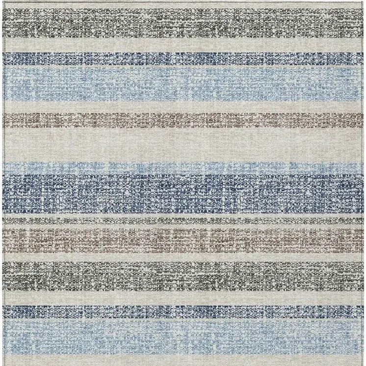 8' X 10' Navy Blue And Beige Striped Washable Indoor Outdoor Area Rug