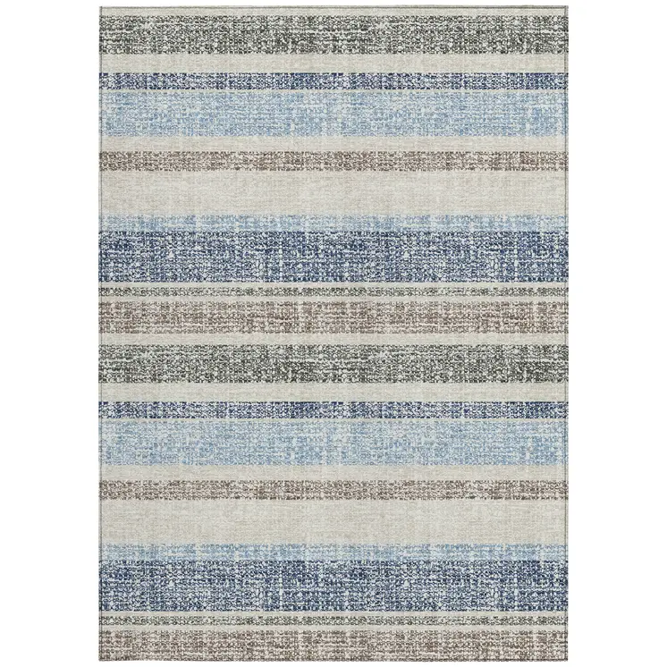 9' X 12' Navy Blue And Beige Striped Washable Indoor Outdoor Area Rug
