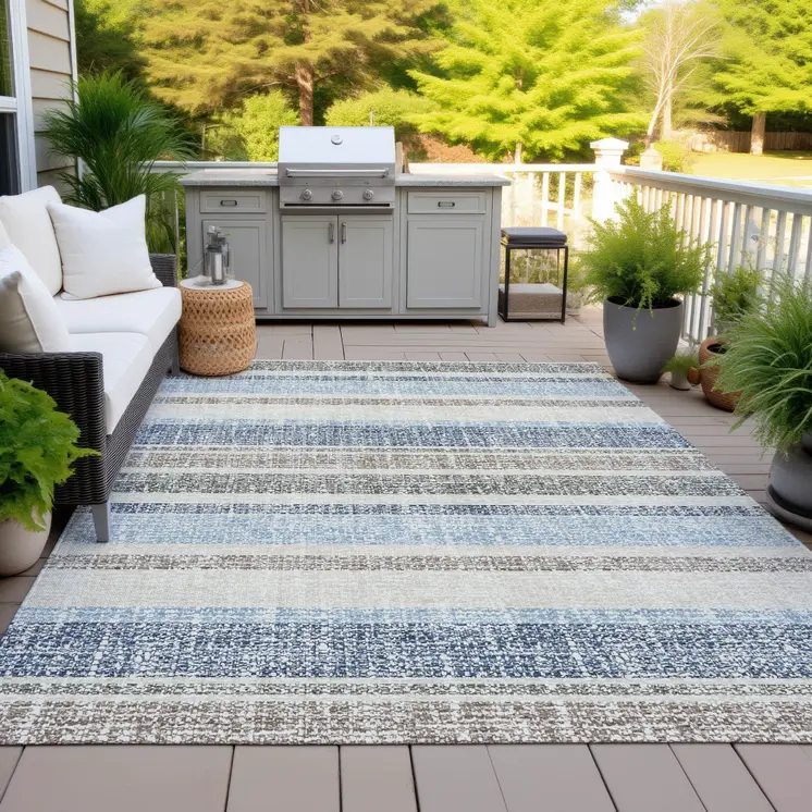 9' X 12' Navy Blue And Beige Striped Washable Indoor Outdoor Area Rug
