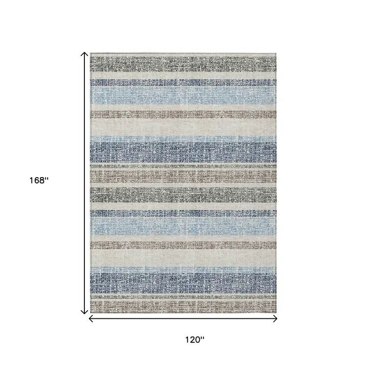 10' X 14' Navy Blue And Beige Striped Washable Indoor Outdoor Area Rug