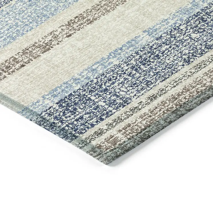 10' X 14' Navy Blue And Beige Striped Washable Indoor Outdoor Area Rug