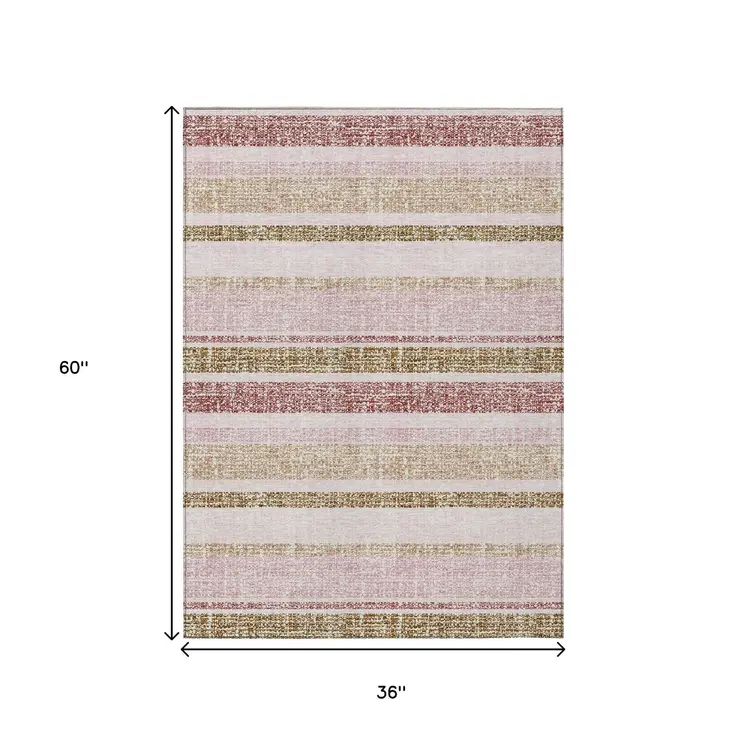 3' X 5' Pink And Beige Striped Washable Indoor Outdoor Area Rug