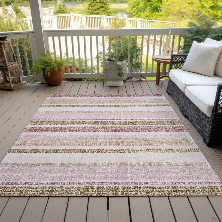 5' X 8' Pink And Beige Striped Washable Indoor Outdoor Area Rug