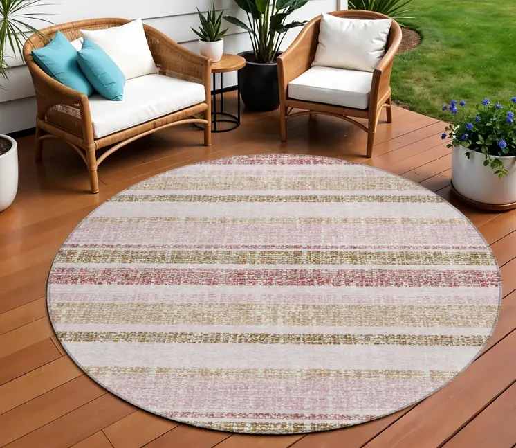 8' Pink And Beige Round Striped Washable Indoor Outdoor Area Rug