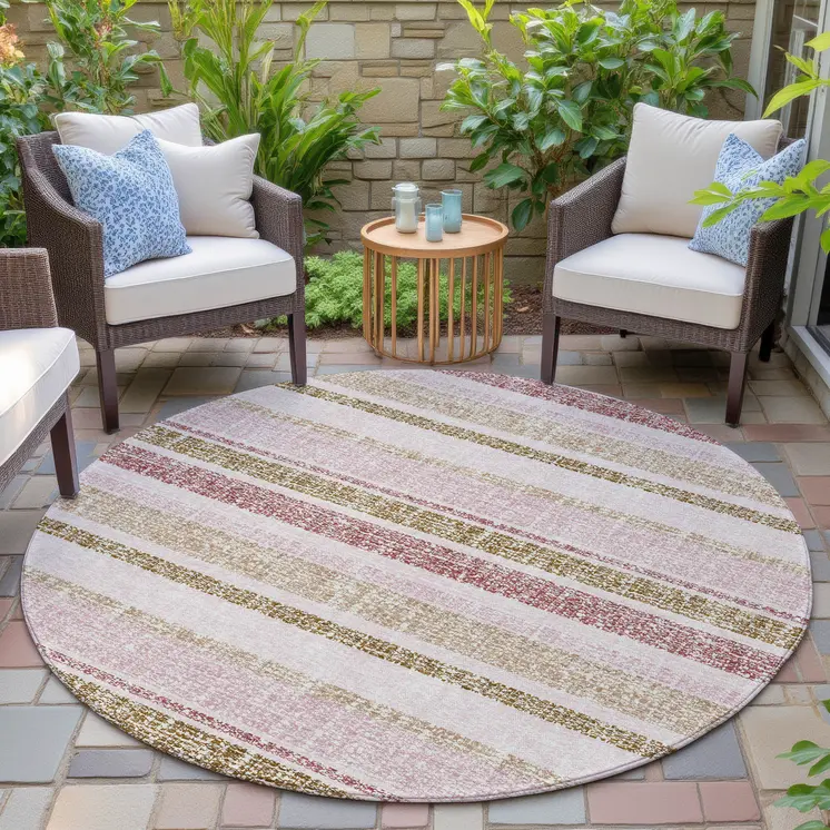 8' Pink And Beige Round Striped Washable Indoor Outdoor Area Rug