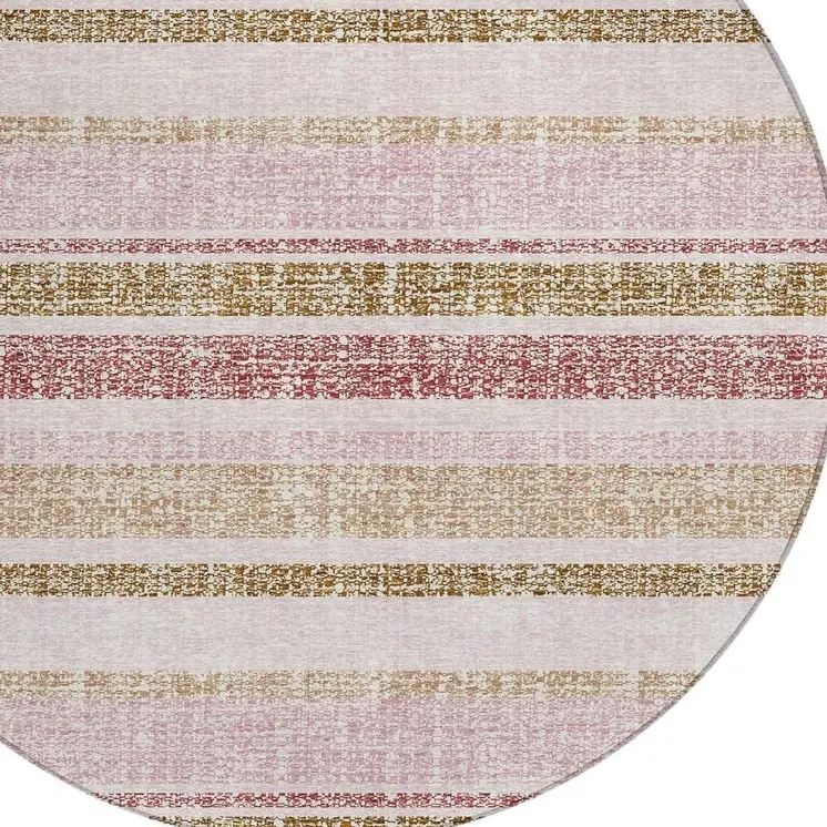 8' Pink And Beige Round Striped Washable Indoor Outdoor Area Rug