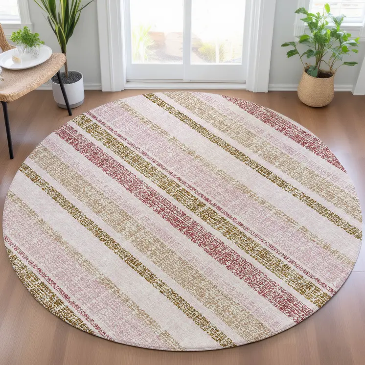 8' Pink And Beige Round Striped Washable Indoor Outdoor Area Rug