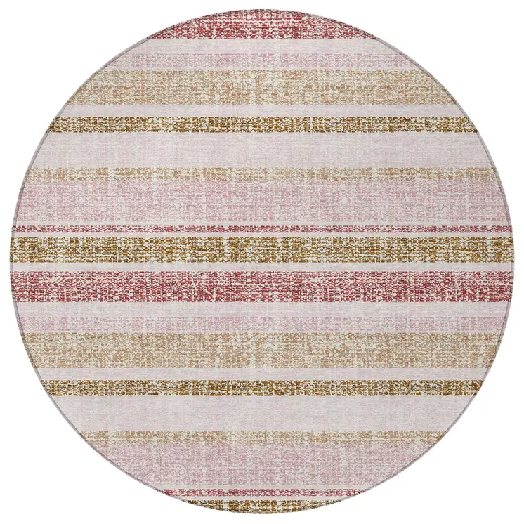 8' Pink And Beige Round Striped Washable Indoor Outdoor Area Rug