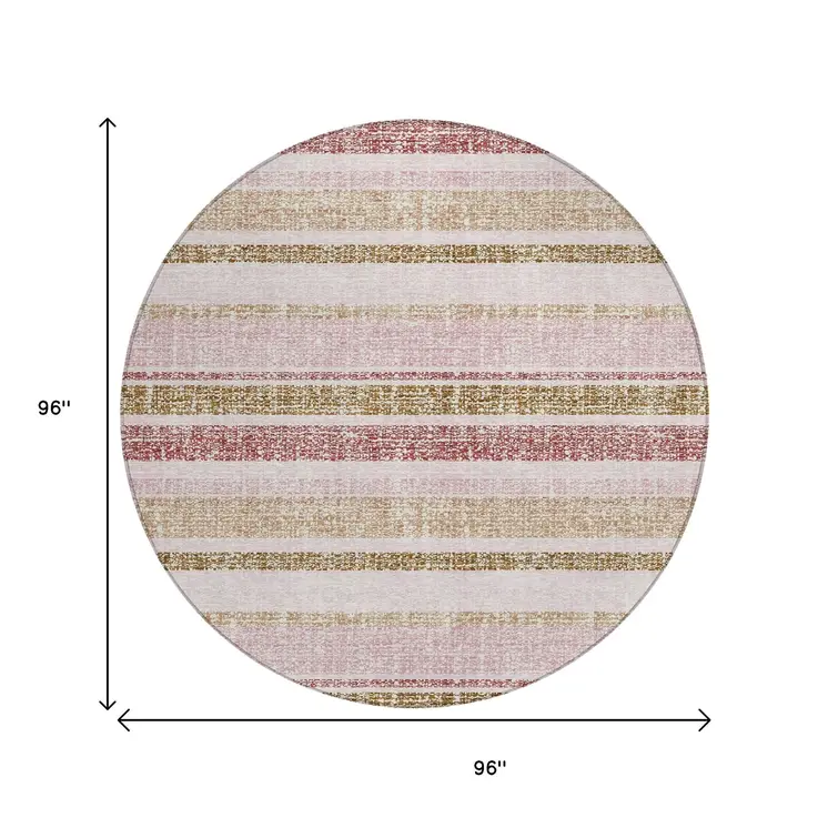 8' Pink And Beige Round Striped Washable Indoor Outdoor Area Rug