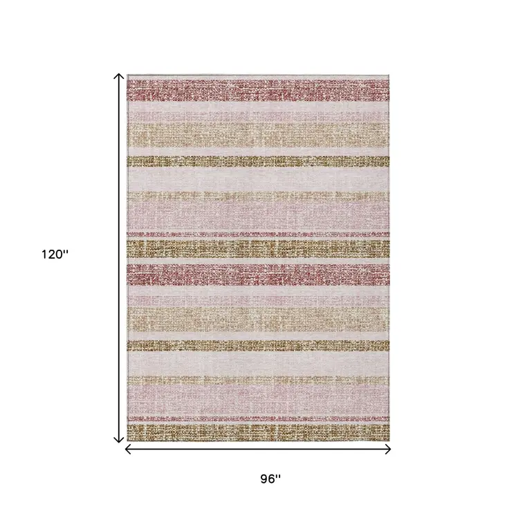 8' X 10' Pink And Beige Striped Washable Indoor Outdoor Area Rug