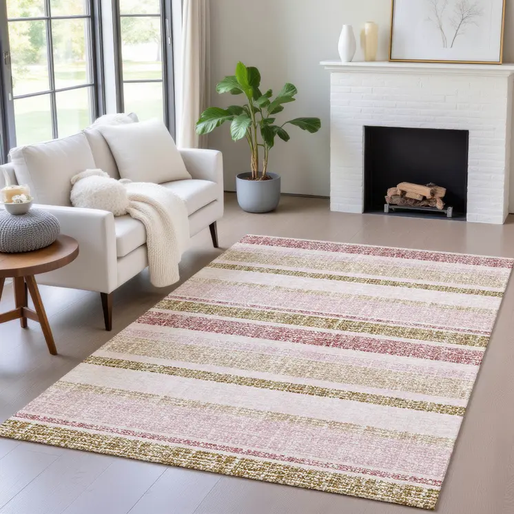 8' X 10' Pink And Beige Striped Washable Indoor Outdoor Area Rug