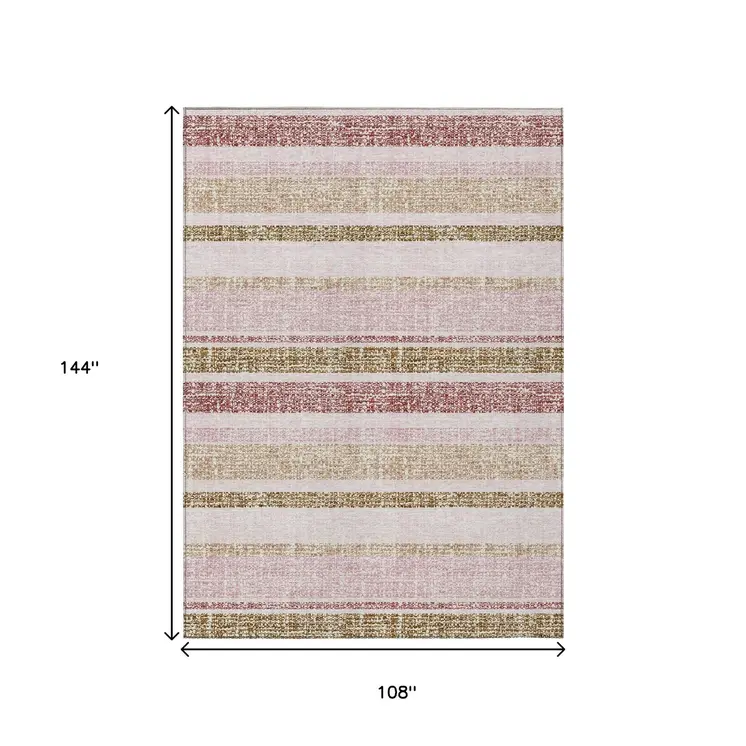 9' X 12' Pink And Beige Striped Washable Indoor Outdoor Area Rug