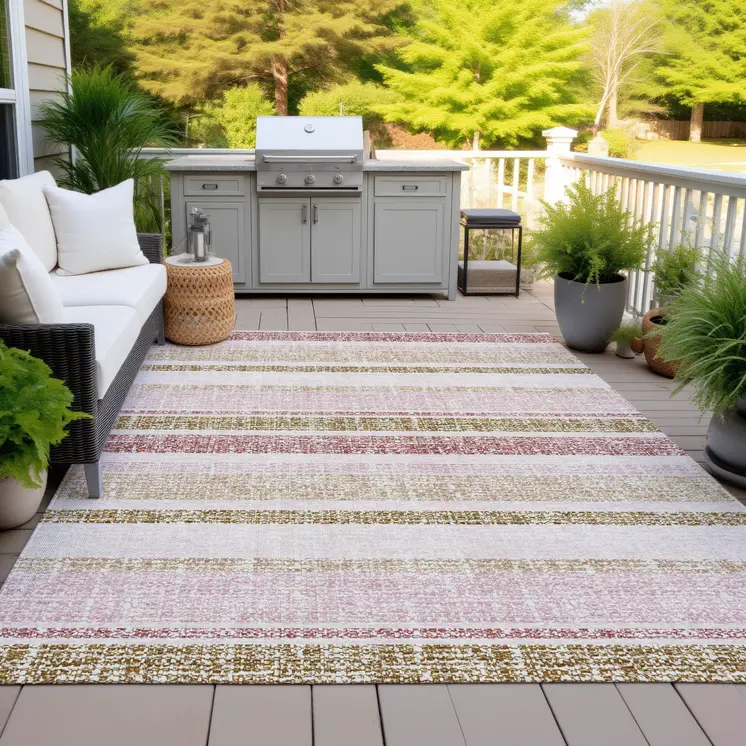 9' X 12' Pink And Beige Striped Washable Indoor Outdoor Area Rug