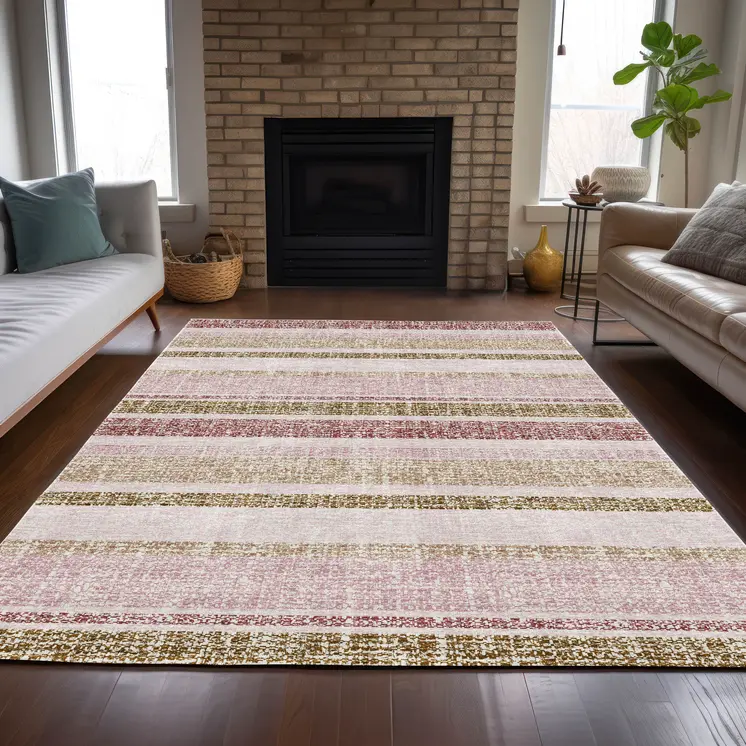 9' X 12' Pink And Beige Striped Washable Indoor Outdoor Area Rug