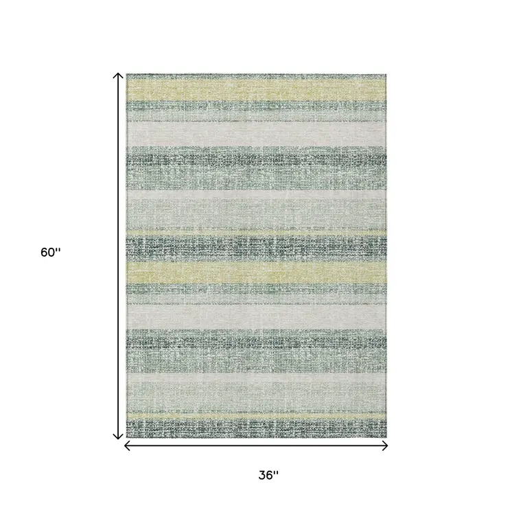 3' X 5' Pale Aqua And Lime Green Striped Washable Indoor Outdoor Area Rug
