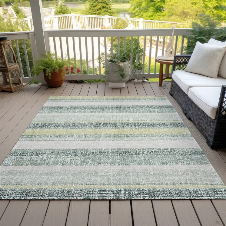 3' X 5' Pale Aqua And Lime Green Striped Washable Indoor Outdoor Area Rug