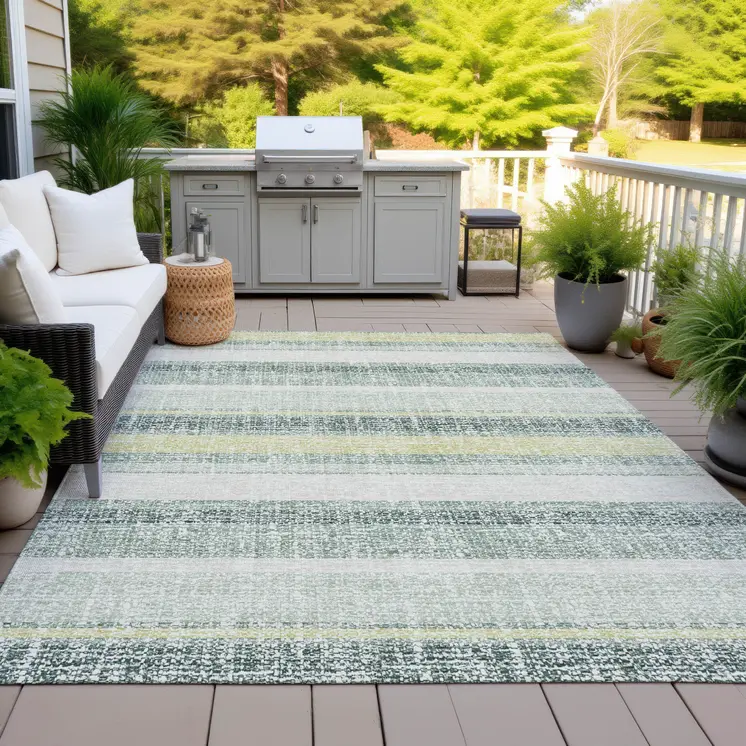 5' X 8' Pale Aqua And Lime Green Striped Washable Indoor Outdoor Area Rug
