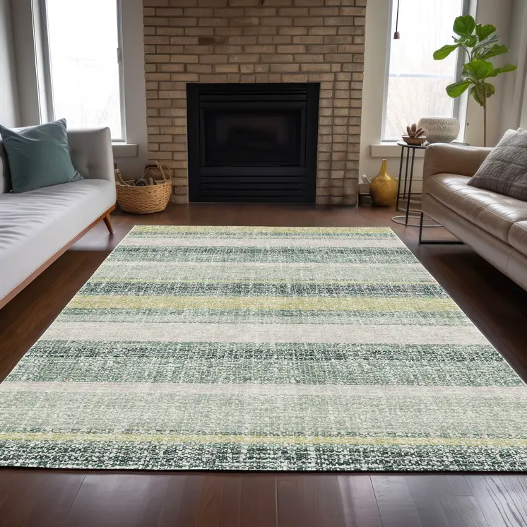 5' X 8' Pale Aqua And Lime Green Striped Washable Indoor Outdoor Area Rug