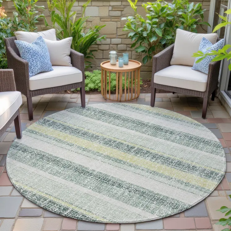 8' Pale Aqua And Lime Green Round Striped Washable Indoor Outdoor Area Rug