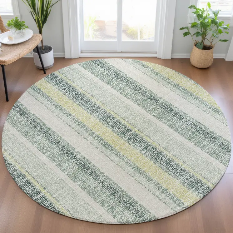8' Pale Aqua And Lime Green Round Striped Washable Indoor Outdoor Area Rug