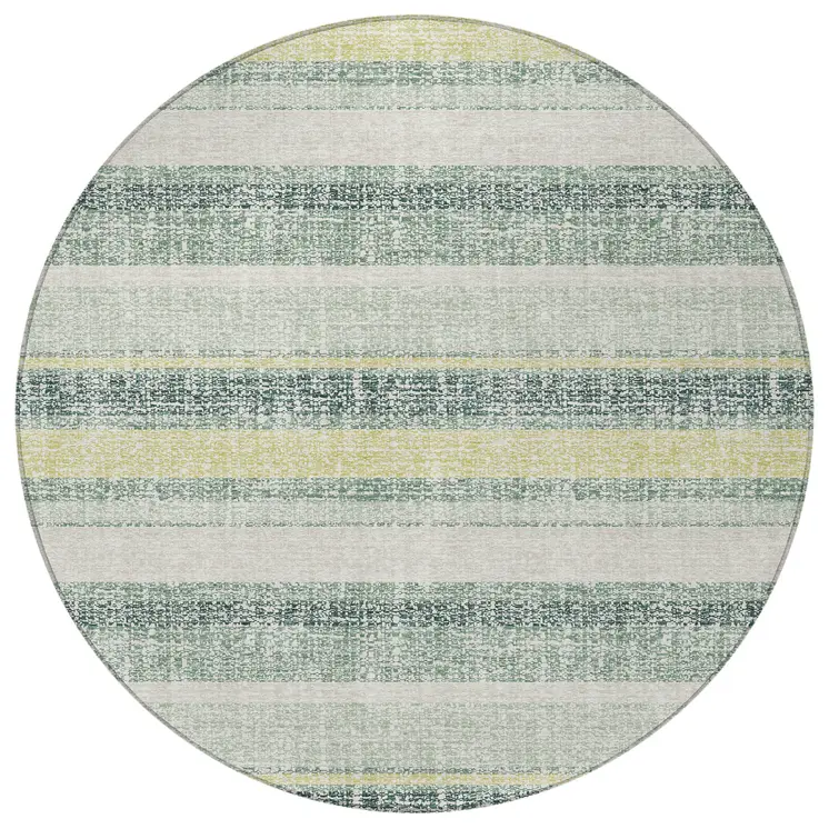8' Pale Aqua And Lime Green Round Striped Washable Indoor Outdoor Area Rug