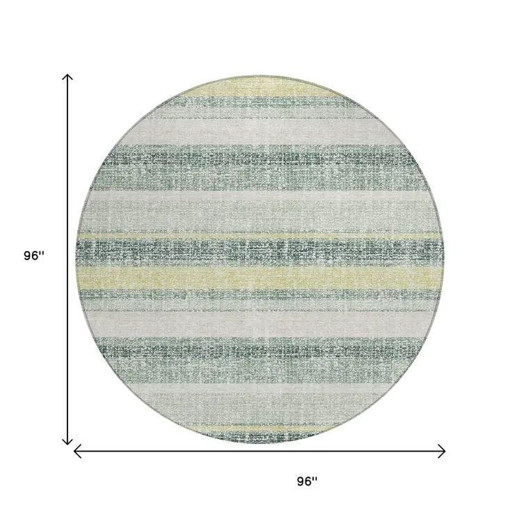 8' Pale Aqua And Lime Green Round Striped Washable Indoor Outdoor Area Rug