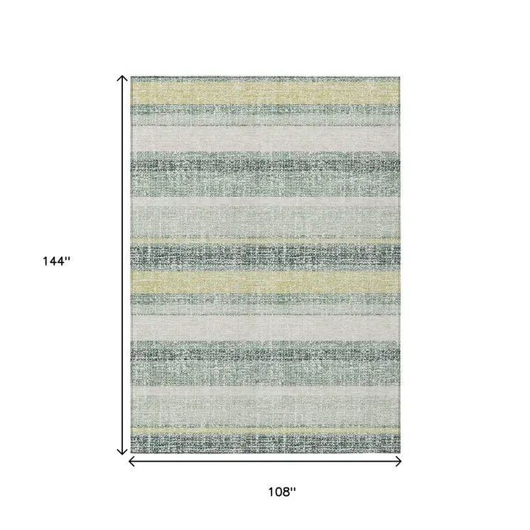 9' X 12' Pale Aqua And Lime Green Striped Washable Indoor Outdoor Area Rug