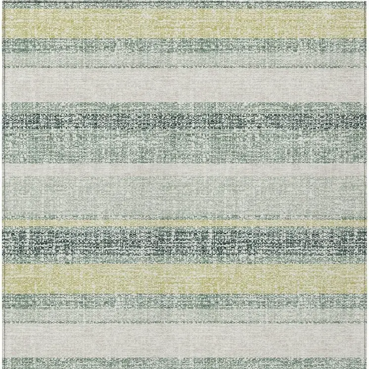 9' X 12' Pale Aqua And Lime Green Striped Washable Indoor Outdoor Area Rug
