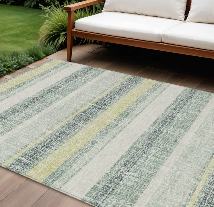 9' X 12' Pale Aqua And Lime Green Striped Washable Indoor Outdoor Area Rug