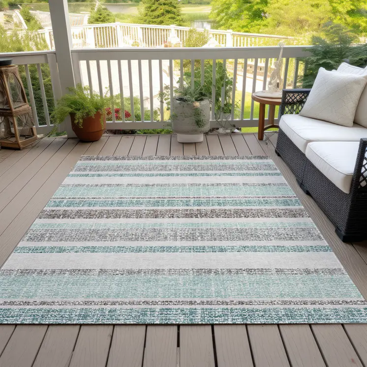3' X 5' Teal Blue And Gray Striped Washable Indoor Outdoor Area Rug