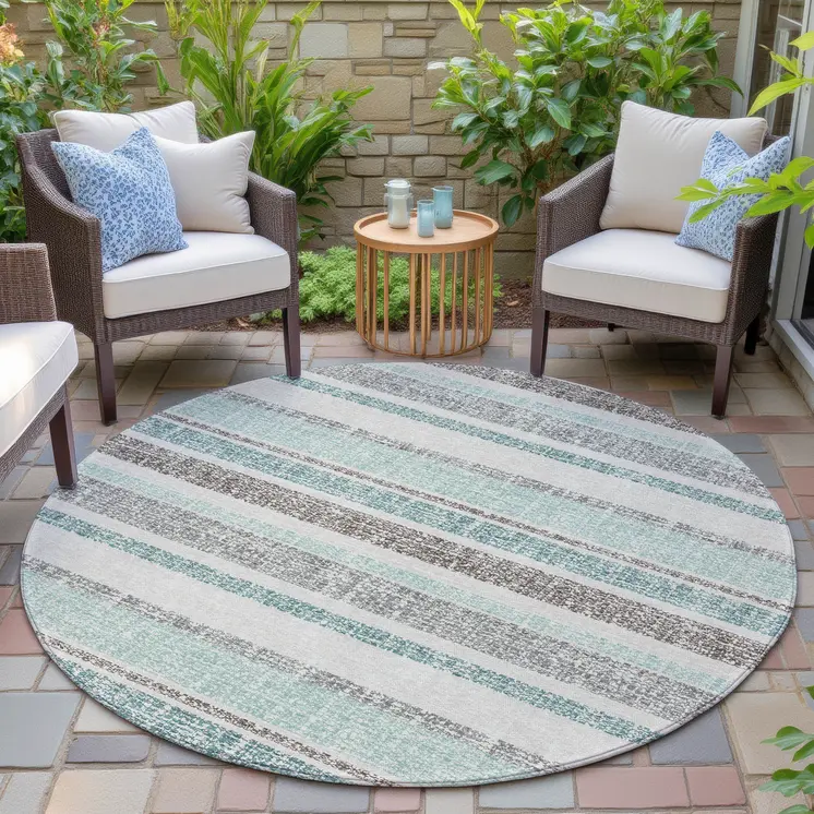 8' Teal Blue And Gray Round Striped Washable Indoor Outdoor Area Rug