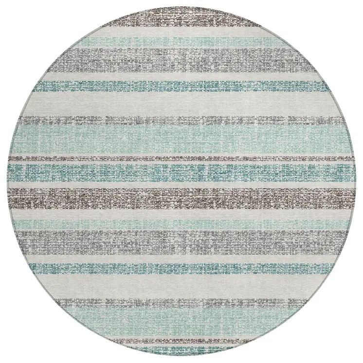 8' Teal Blue And Gray Round Striped Washable Indoor Outdoor Area Rug