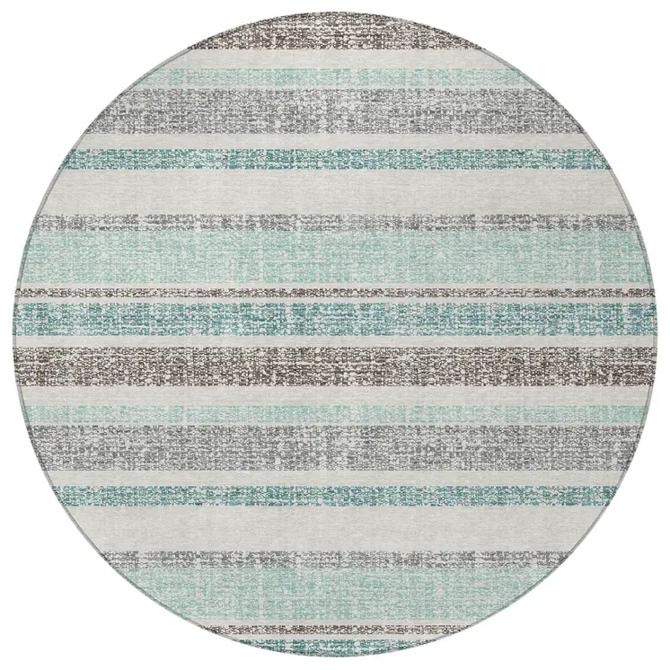 8' Teal Blue And Gray Round Striped Washable Indoor Outdoor Area Rug