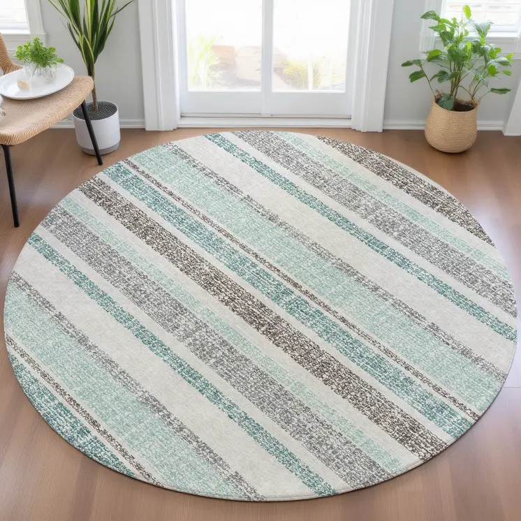 8' Teal Blue And Gray Round Striped Washable Indoor Outdoor Area Rug