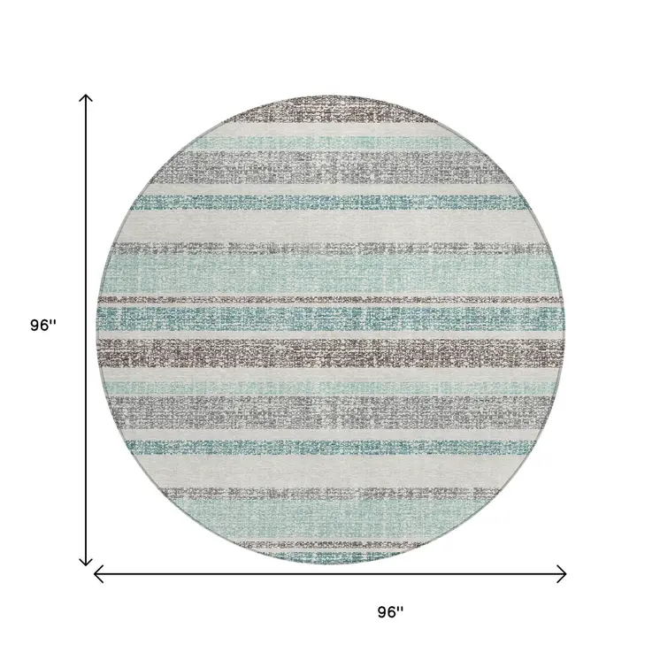 8' Teal Blue And Gray Round Striped Washable Indoor Outdoor Area Rug