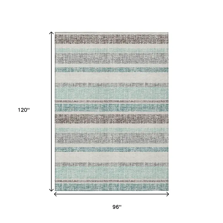 8' X 10' Teal Blue And Gray Striped Washable Indoor Outdoor Area Rug