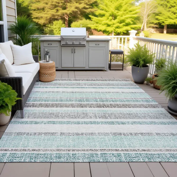 8' X 10' Teal Blue And Gray Striped Washable Indoor Outdoor Area Rug