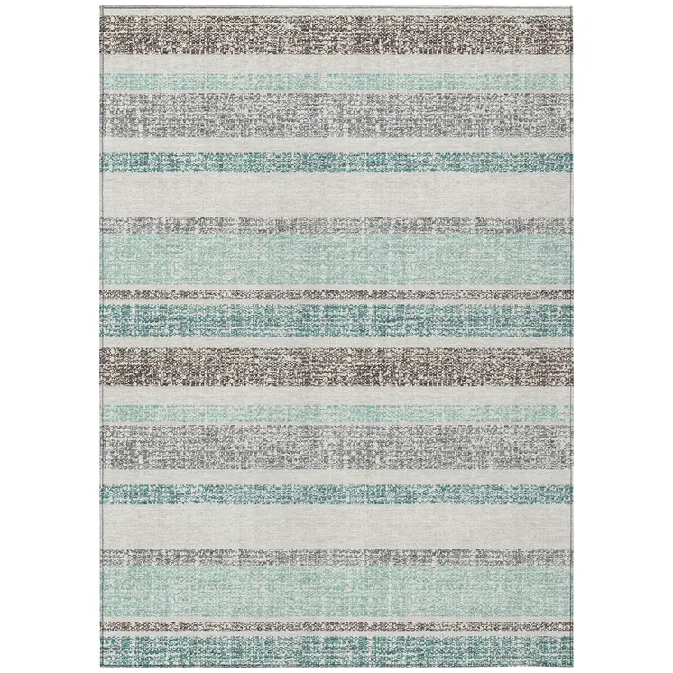 8' X 10' Teal Blue And Gray Striped Washable Indoor Outdoor Area Rug