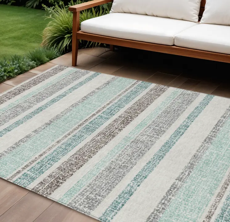 8' X 10' Teal Blue And Gray Striped Washable Indoor Outdoor Area Rug