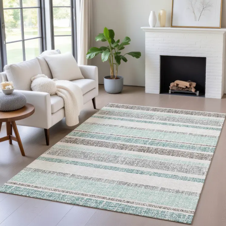 8' X 10' Teal Blue And Gray Striped Washable Indoor Outdoor Area Rug