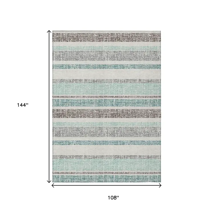 9' X 12' Teal Blue And Gray Striped Washable Indoor Outdoor Area Rug