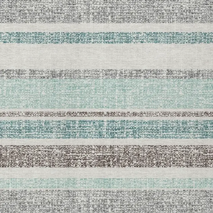 9' X 12' Teal Blue And Gray Striped Washable Indoor Outdoor Area Rug