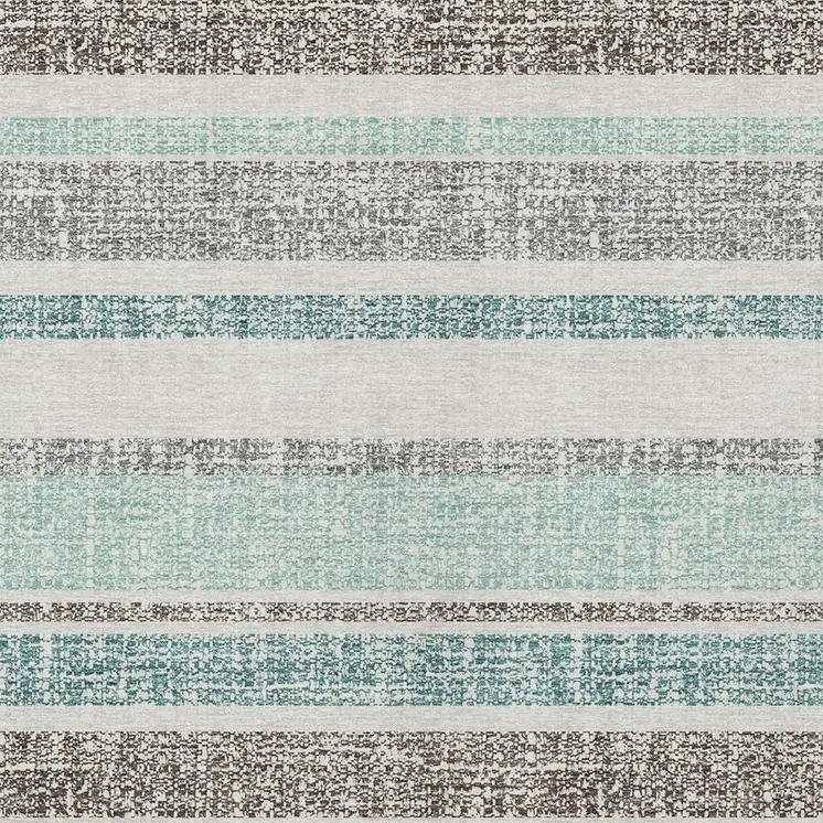 9' X 12' Teal Blue And Gray Striped Washable Indoor Outdoor Area Rug
