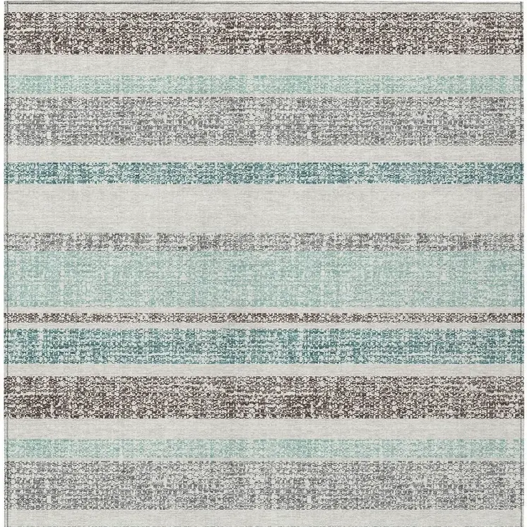 9' X 12' Teal Blue And Gray Striped Washable Indoor Outdoor Area Rug