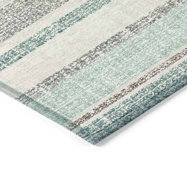 9' X 12' Teal Blue And Gray Striped Washable Indoor Outdoor Area Rug