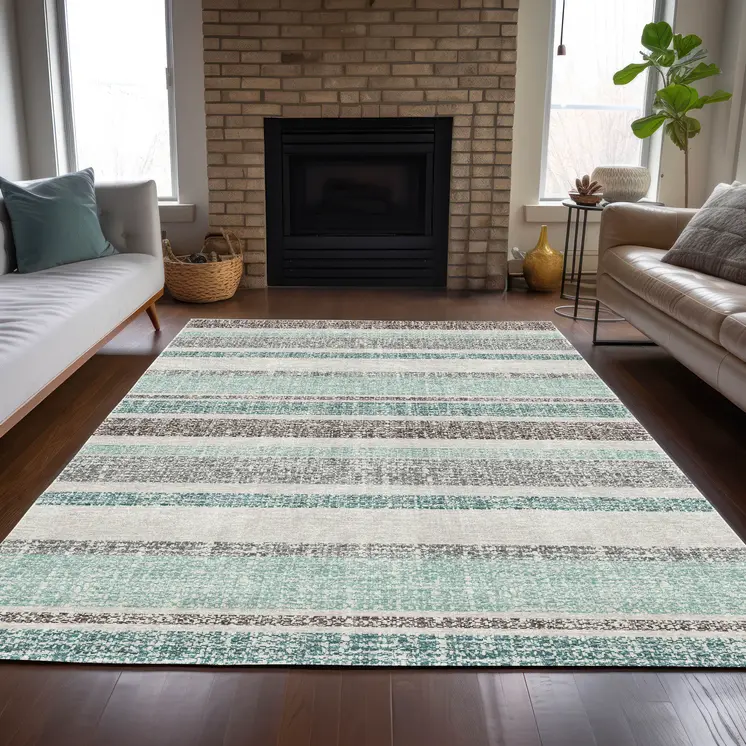 9' X 12' Teal Blue And Gray Striped Washable Indoor Outdoor Area Rug