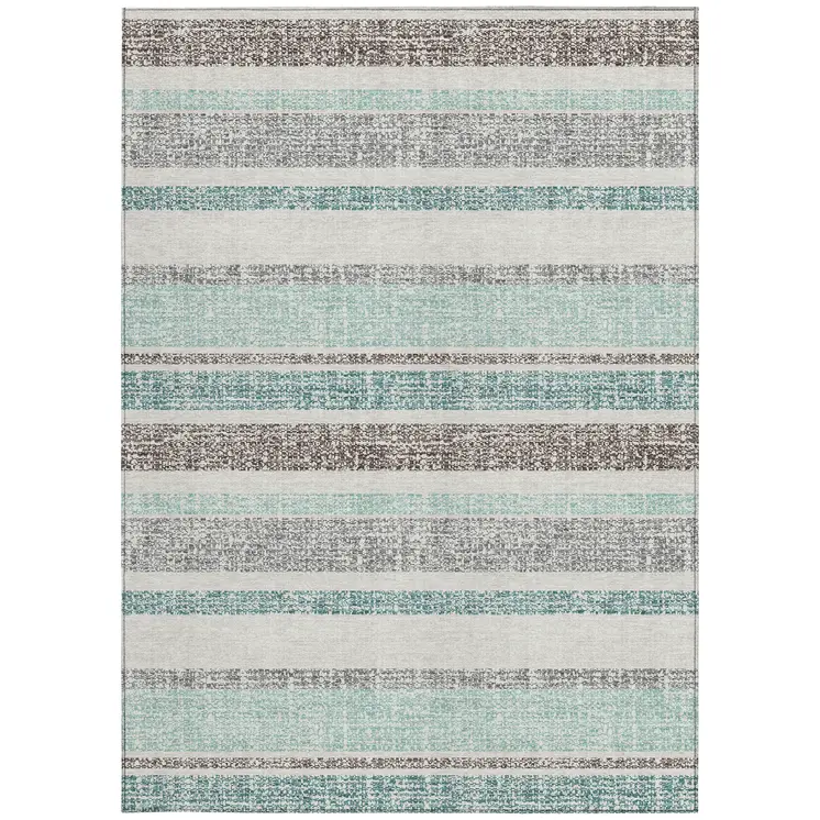 10' X 14' Teal Blue And Gray Striped Washable Indoor Outdoor Area Rug