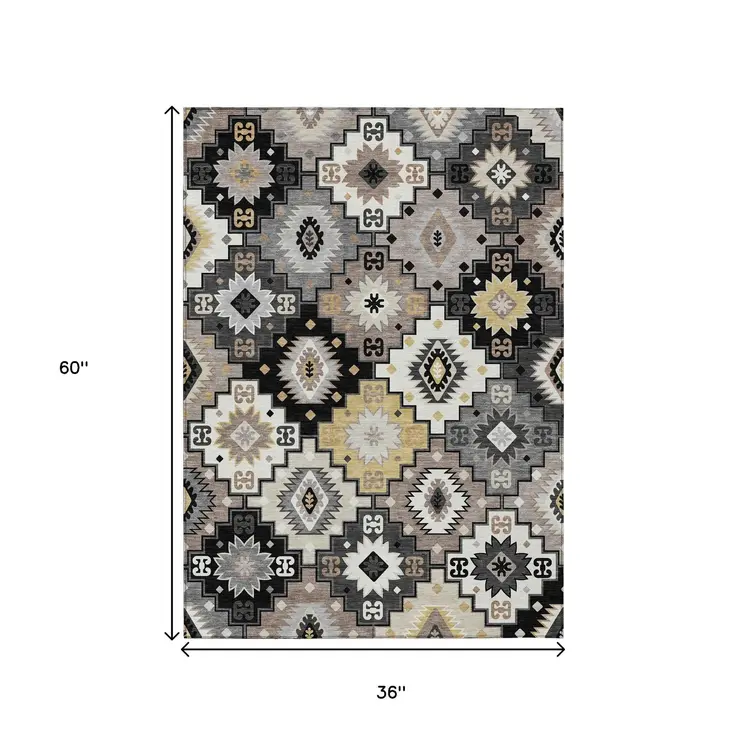 3' X 5' Black Wheat And Gray Southwestern Washable Indoor Outdoor Area Rug