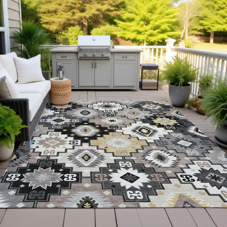 3' X 5' Black Wheat And Gray Southwestern Washable Indoor Outdoor Area Rug